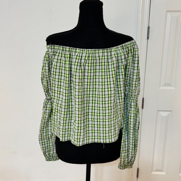 Topshop Check Off the Shoulder Top Green Check Pattern - Size 10 -‎ NWT - Picture 3 of 7